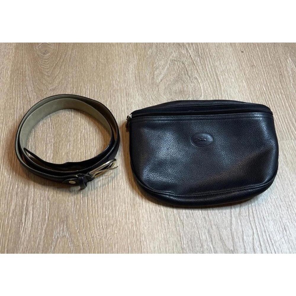 Longchamp Black Leather Trapezoid Brass Zip Handle Belt Moon Fanny Pack H45